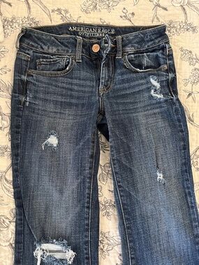 American Eagle Outfitters Distressed Dark Blue Favorite Boyfriend Stretch Jeans